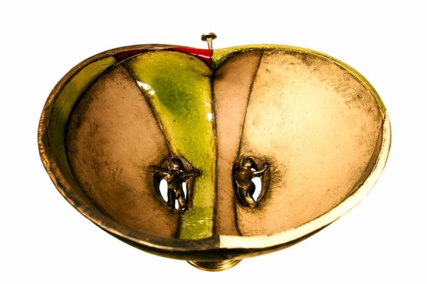 A view of the Adam & Eve bowl from above, front. The shape is visible, including the brass "stem" - it is a halved apple-inspired shape!