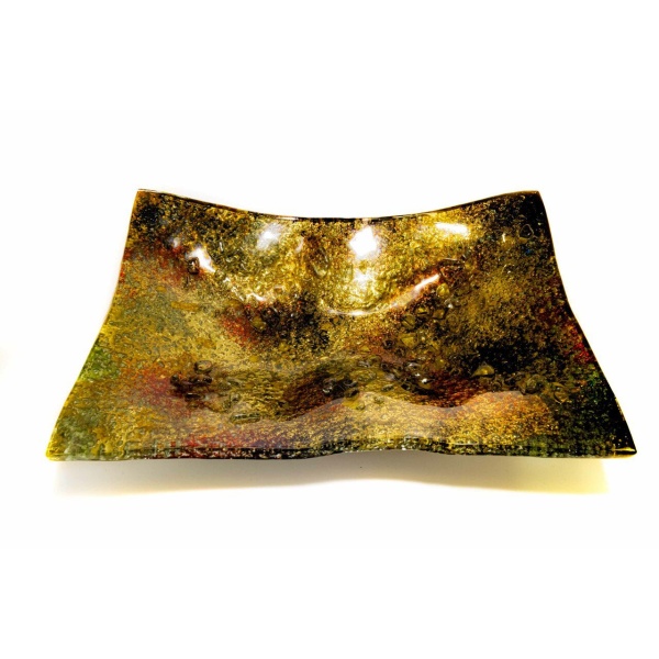 Front view from above of the Rectangle Bowl or Platter by Benjamin Chang in Black and Gold. Notice the nuances in color and the gradation of the color's transformation.