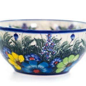 Bowl 16, a medium-sized bowl featuring a quintessential Lidia Giske Polish Pottery Design - the floral scene featuring tall grasses and wildflowers of all variety.