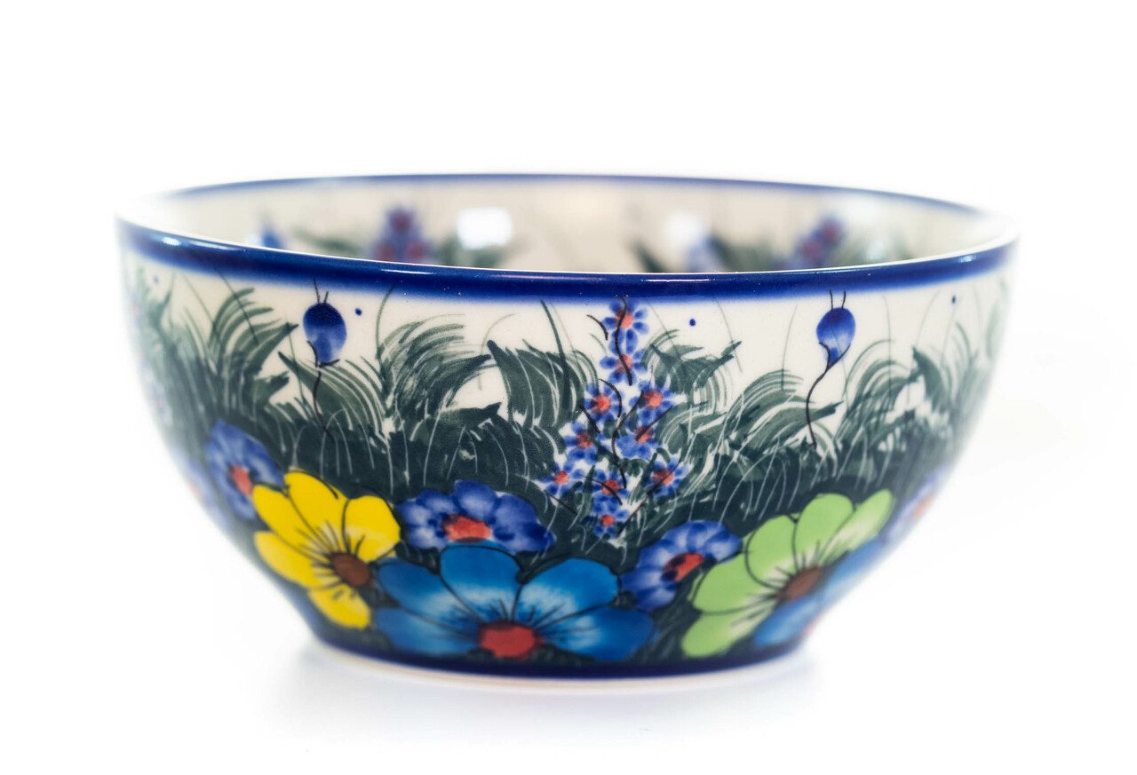 Bowl 16, a medium-sized bowl featuring a quintessential Lidia Giske Polish Pottery Design - the floral scene featuring tall grasses and wildflowers of all variety.