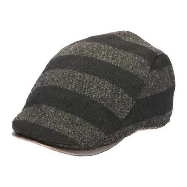 Cover your head and top off your look with this striped newsboy cap made from polyester and wool blends. Black and grey striped. Size small